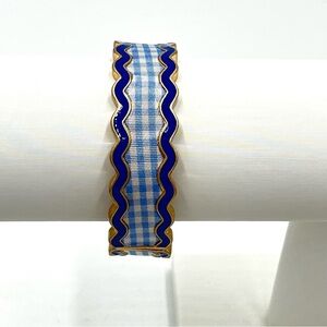 Annalise Gold Tone Blue Gingham Statement Hinged Bangle Bracelet